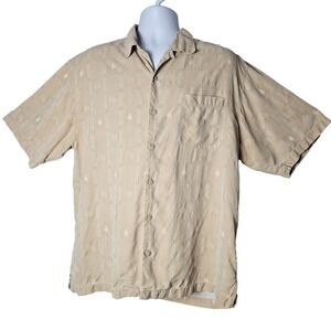 Tommy Bahama Mens Silk Short Sleeve Button Down Shirt L Poker‎ Spades Print Tan